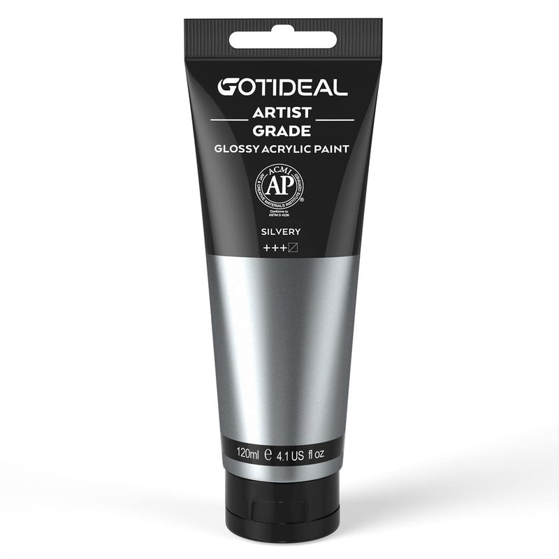 GOTIDEAL Metallic Acrylic Paint Silver Tubes(120ml, 4.1 oz) Non Toxic Non Fading,Rich Pigments for Painters, Adults & Kids, Ideal for Canvas Wood Clay Fabric Ceramic Craft Supplies (Silver) - Image 1